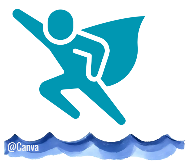 Pictogramme stylisé d'une silhouette humaine en position de super-héros, bras tendu et cape flottante, de couleur turquoise. En dessous, une bande de vagues peintes à l'aquarelle en nuances de bleu, sur fond blanc.
