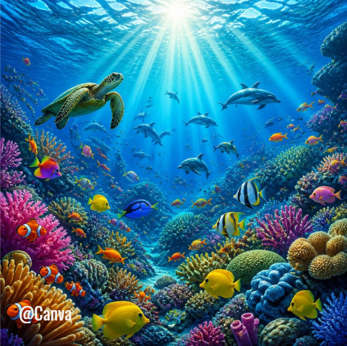 Une scène sous-marine lumineuse et très colorée montrant un récif corallien foisonnant de vie — coraux multicolores au premier plan, poissons tropicaux variés, une tortue marine et un banc de dauphins en arrière-plan.