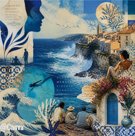 Collage artistique à dominante de bleu mêlant une côte méditerranéenne au bord d’une falaise, vagues puissantes et mer agitée à gauche, et des éléments décoratifs (motifs de céramique, coraux, plantes) à droite.